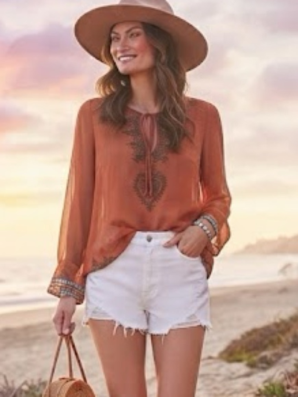 Sheer Mesh Swimsuit Coverup / Top women’s Tie-Neck Top in Sunset Orange